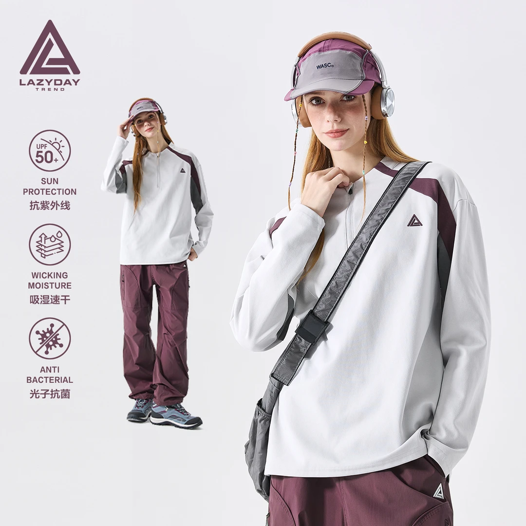 LAZY DAY户外拼色半拉链吸湿速干长袖T恤女秋季防晒运动上衣