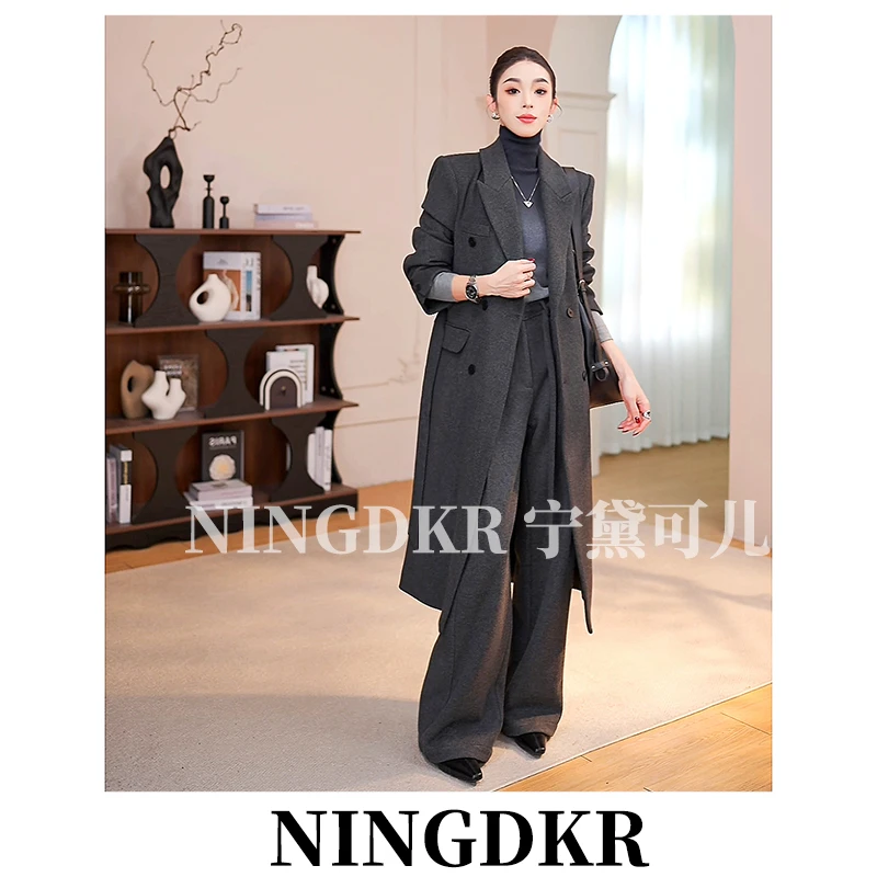 爱B41400宁黛可儿高级感长款西装领外套女大衣宽松休闲毛呢西服