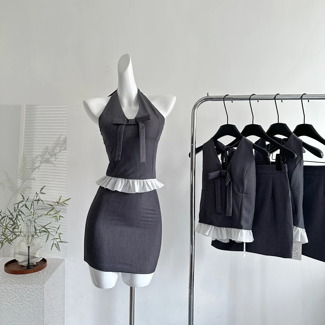 西装女装背心纯欲风感套装2025夏季辣妹挂脖拼接上衣短裙两件套