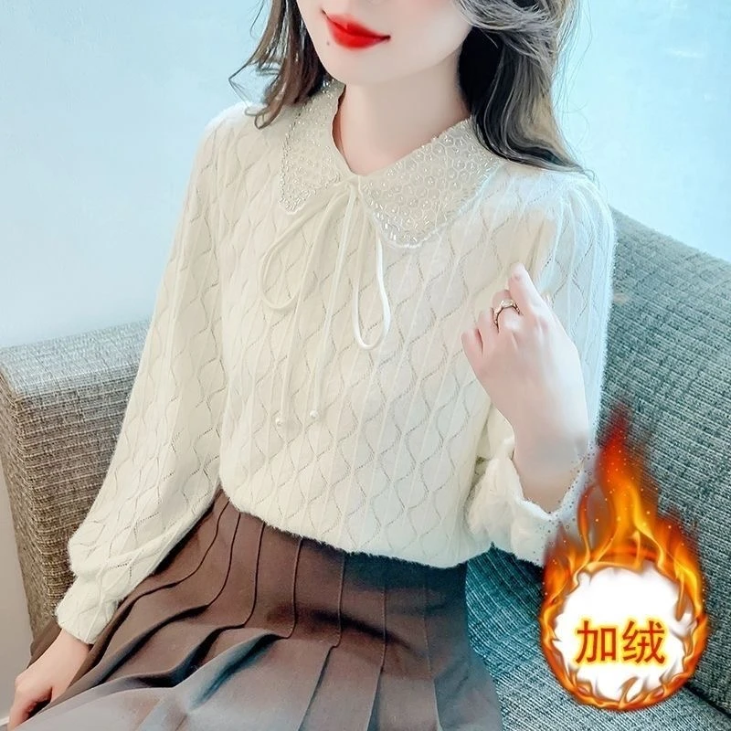 欧货娃娃领蕾丝打底衫女加绒2025年秋季新款洋气保暖小衫减龄上衣