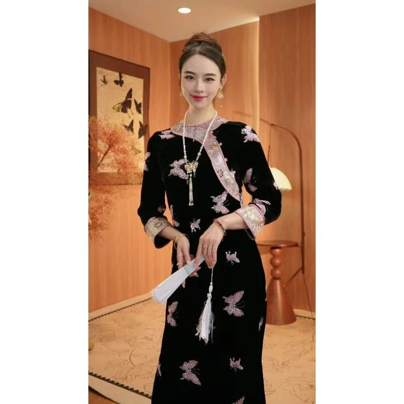 【富贵蝶语】早秋新中式老钱风繁华刺绣珠片连衣裙2024C3877-乖乖