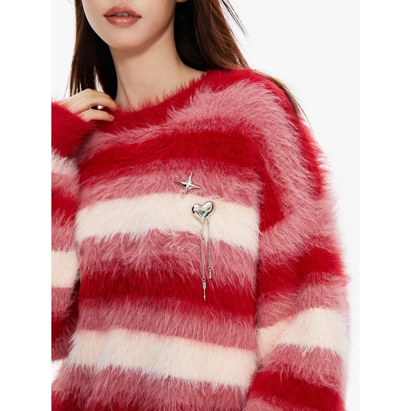 NTOT红色条纹绣花长绒软糯套头毛衣NOTMY23008