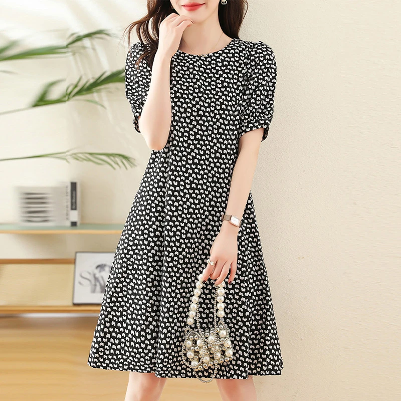 轻熟风时尚气质大码连衣裙2025春夏季新款印花洋气遮肚显瘦a字裙
