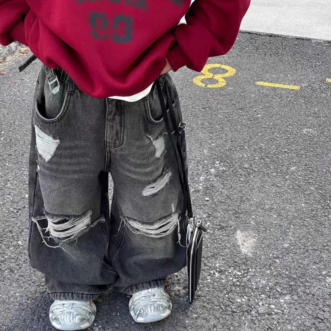 2025冬季新款韩版男童美式破洞加绒加厚保暖牛仔裤儿童长裤潮