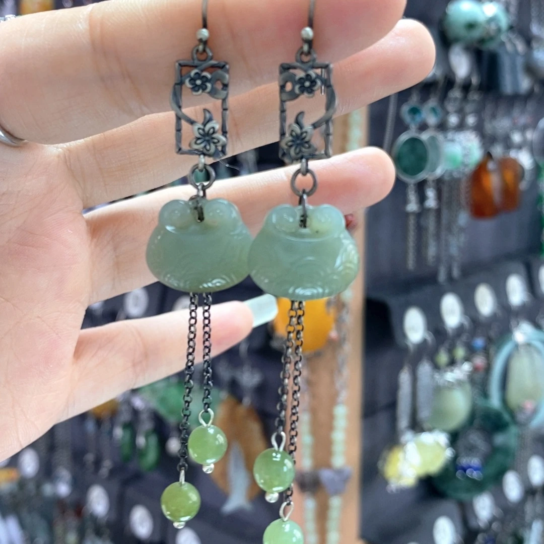 和田玉银S925镶嵌耳饰