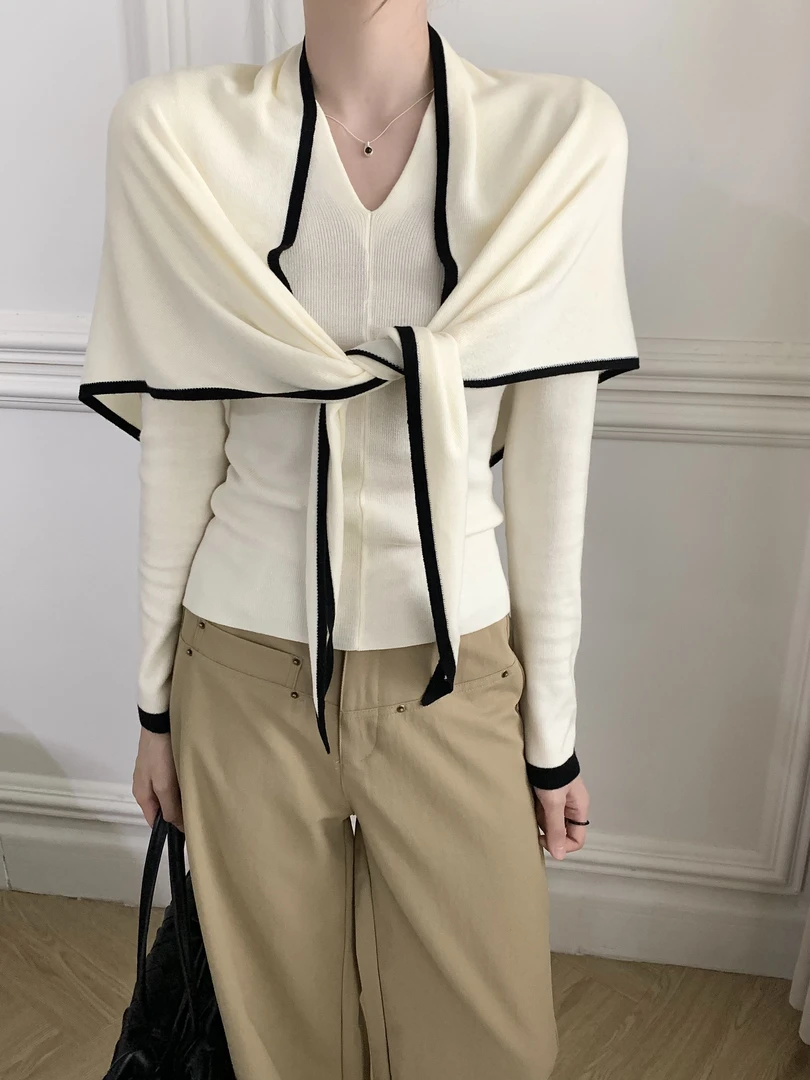 Muzi慕子 高弹羊毛针织上衣两件套披肩式简约设计感上衣女秋冬
