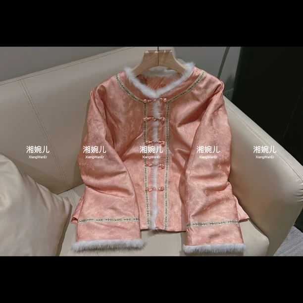 2025冬季新款『江南』新中式国风盘扣长袖拼接水貂毛羽绒服