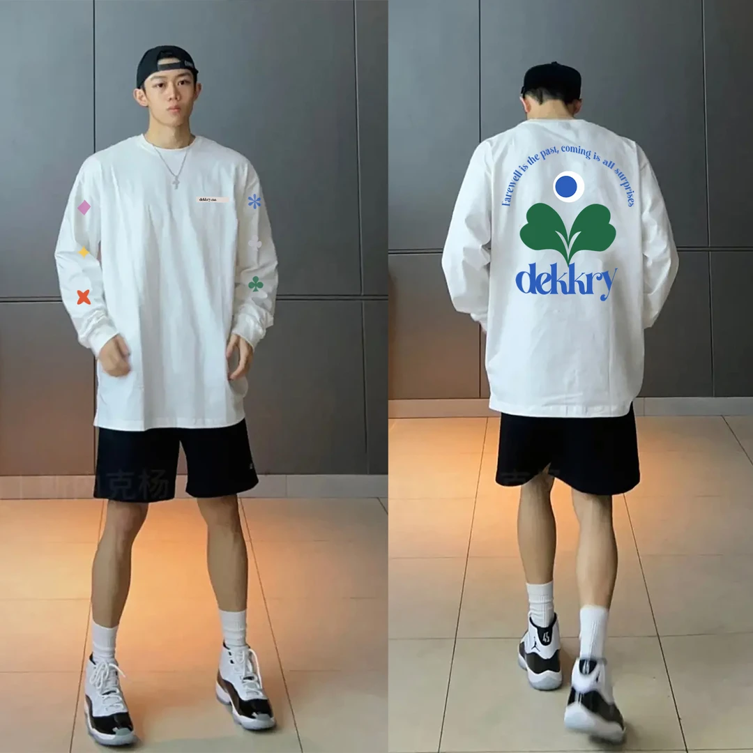 100%纯棉美式潮牌绿叶字母印花长袖t恤男女秋季百搭休闲情侣上衣