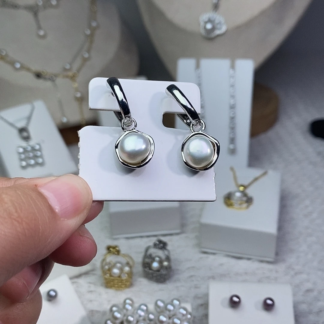 耳饰银S925镶嵌淡水珍珠