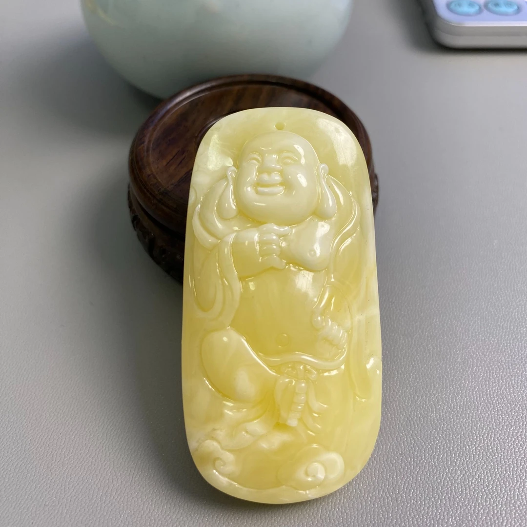 天然蜜蜡精品宋高晓老师精工手工雕刻白蜡佛公吊坠精雕大肚佛