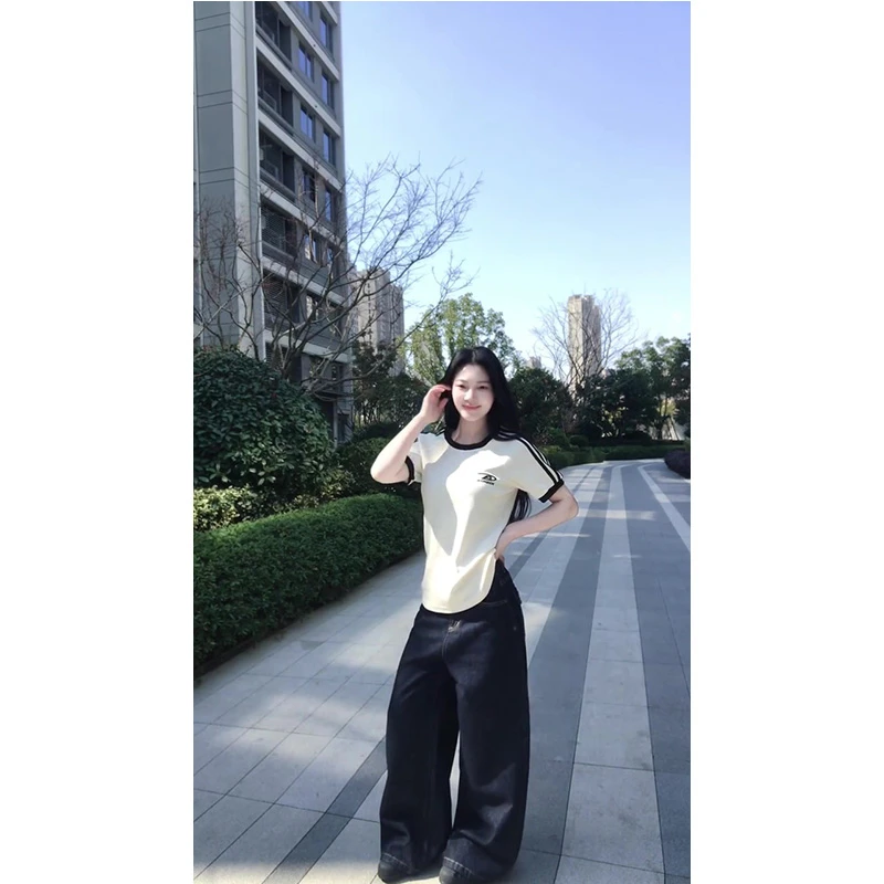 美式复古撞色织带短袖T恤女夏季辣妹修身短上衣宽松阔腿长裤套装