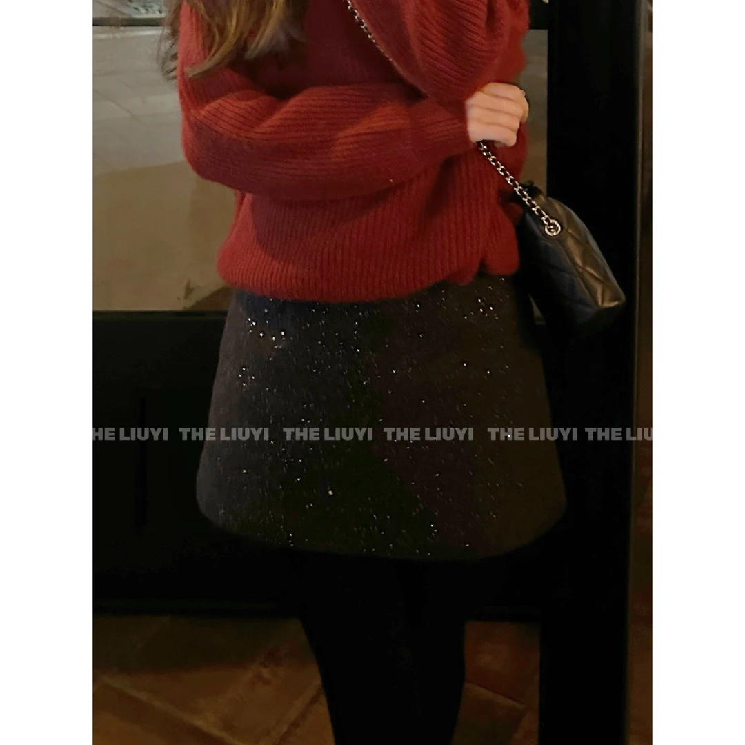 【LIUYI】冬季精致毛呢亮片A字显瘦半身裙51125A3