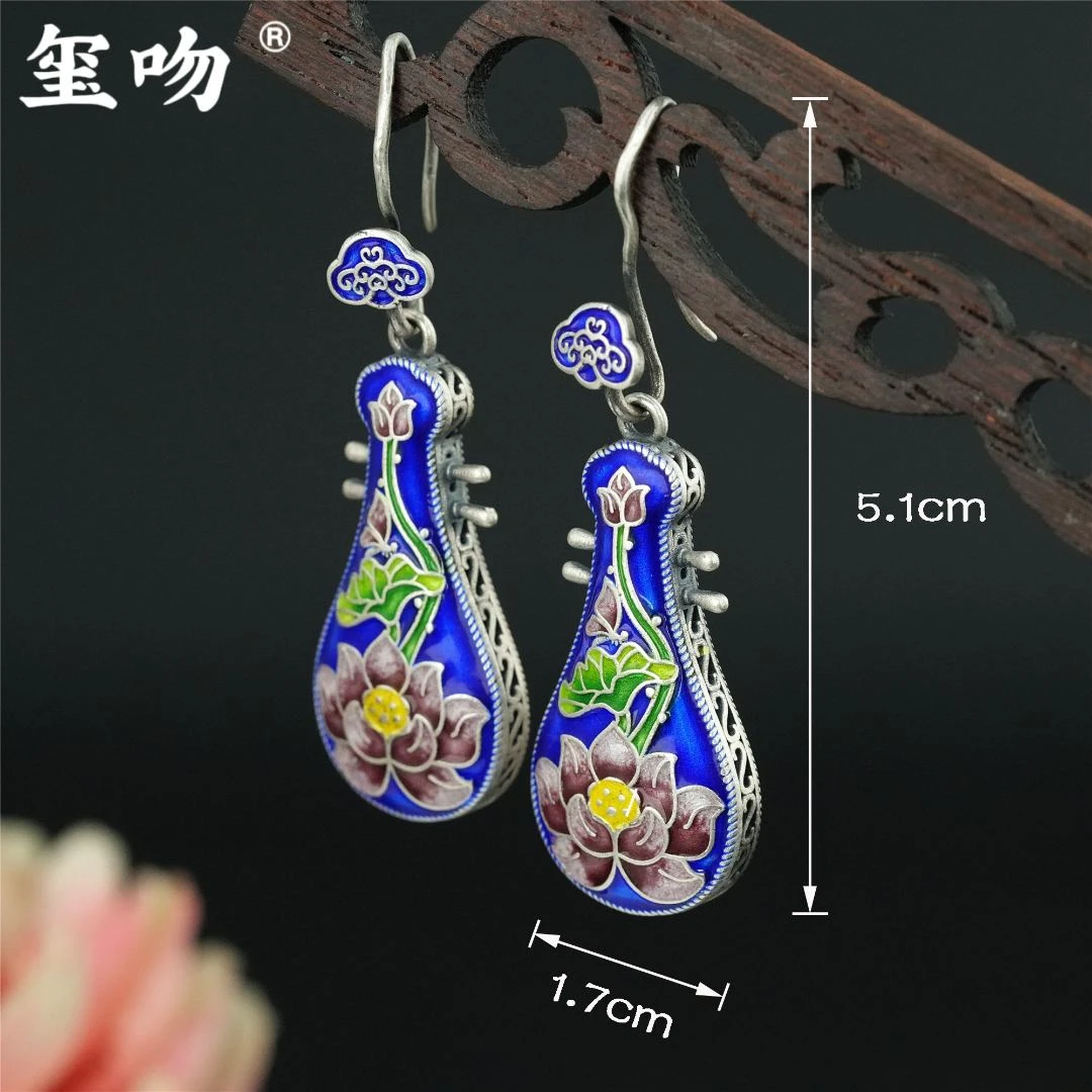 足银耳饰 【玺吻】足银999 蝶恋花 国风景泰蓝足银琵琶耳坠