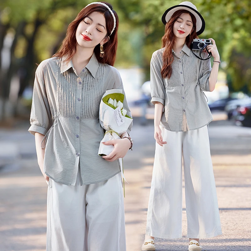 时尚休闲套装女2025新款夏季高级感气质休闲棉麻衬衫九分裤两件套