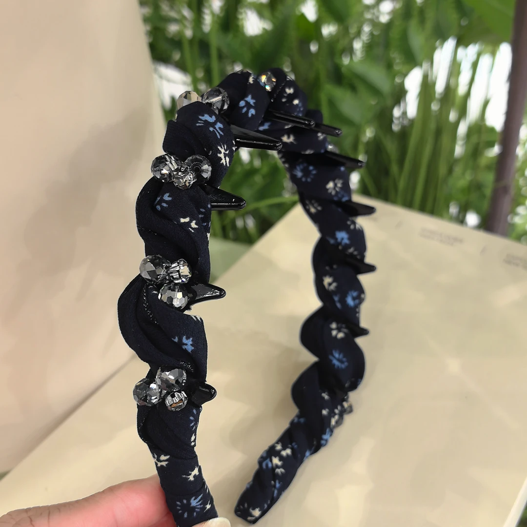 【花青】精品水晶新款精致蓝色碎花缠绕时尚百搭倒齿发箍5682