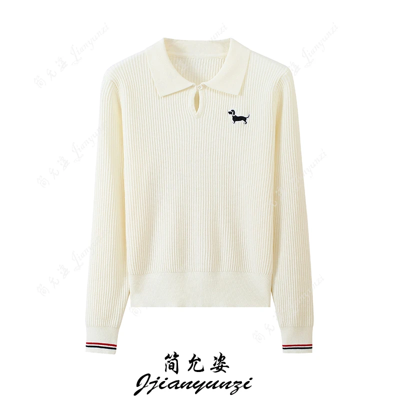 韩系小狗刺绣polo领长袖针织衫毛衣女秋冬学院风减龄外穿打底上衣