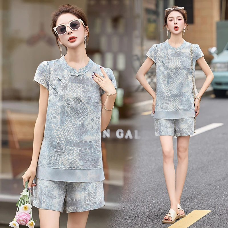 新中式国风印花盘扣套装女2025夏季新款小个子改良旗袍短裤两件套