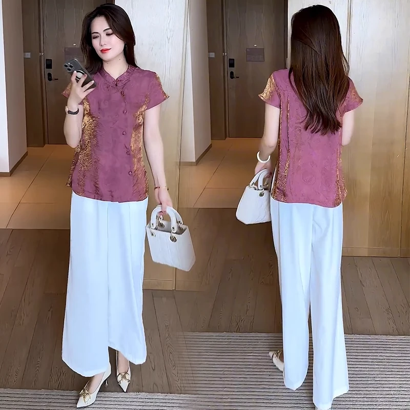 新中式时尚套装女2025气质国风洋气显瘦盘扣衬衫阔腿裤减龄两件套
