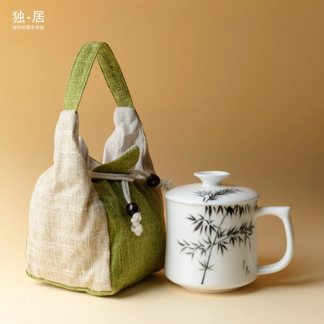 独居中式手绘墨竹办公水杯陶瓷水杯带盖会议杯玉泥瓷杯子送礼礼品