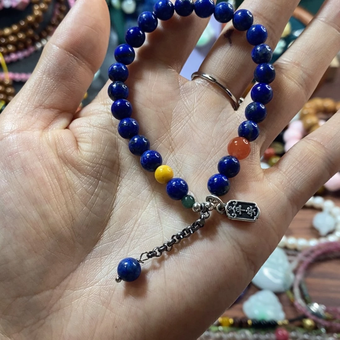 足银镶嵌青金石手串