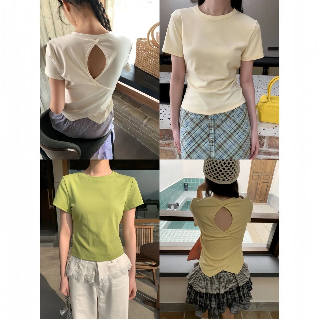 25年夏5色短袖t恤女小众设计感后背镂空上衣S5023