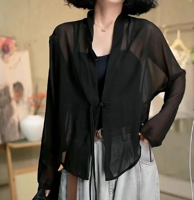 夏款法式小众薄款盘扣防晒衬衫微透流苏百搭透气上衣潮雪纺衫