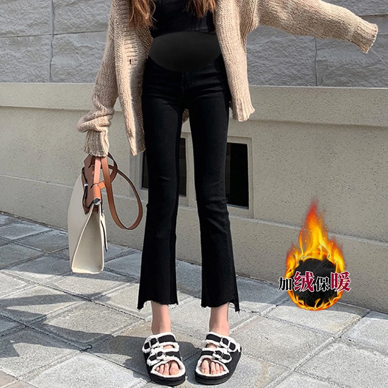 秋冬季加绒孕妇微喇叭裤春秋时尚开叉外穿洋气显瘦托腹九分裤