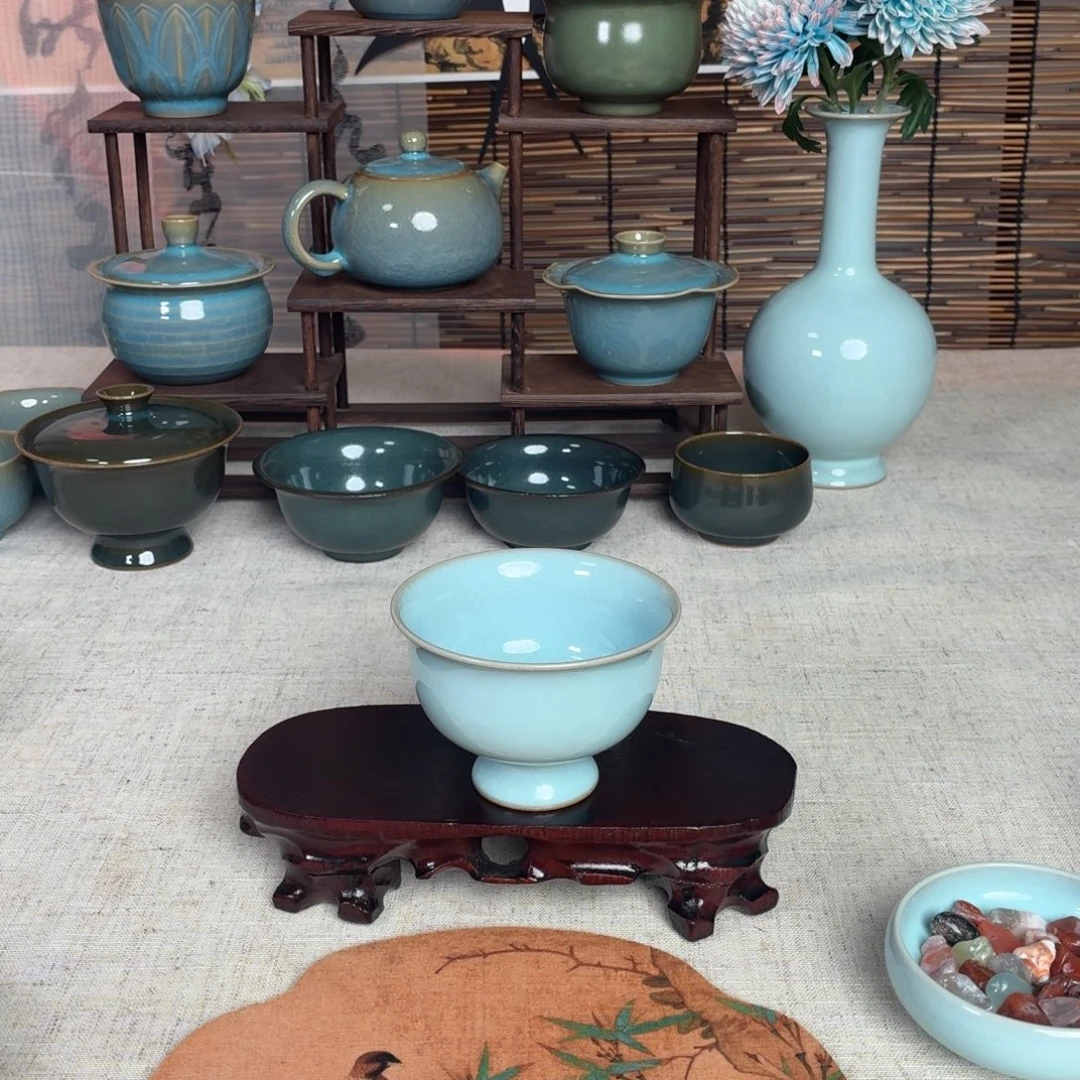 陶摆件高足压手杯