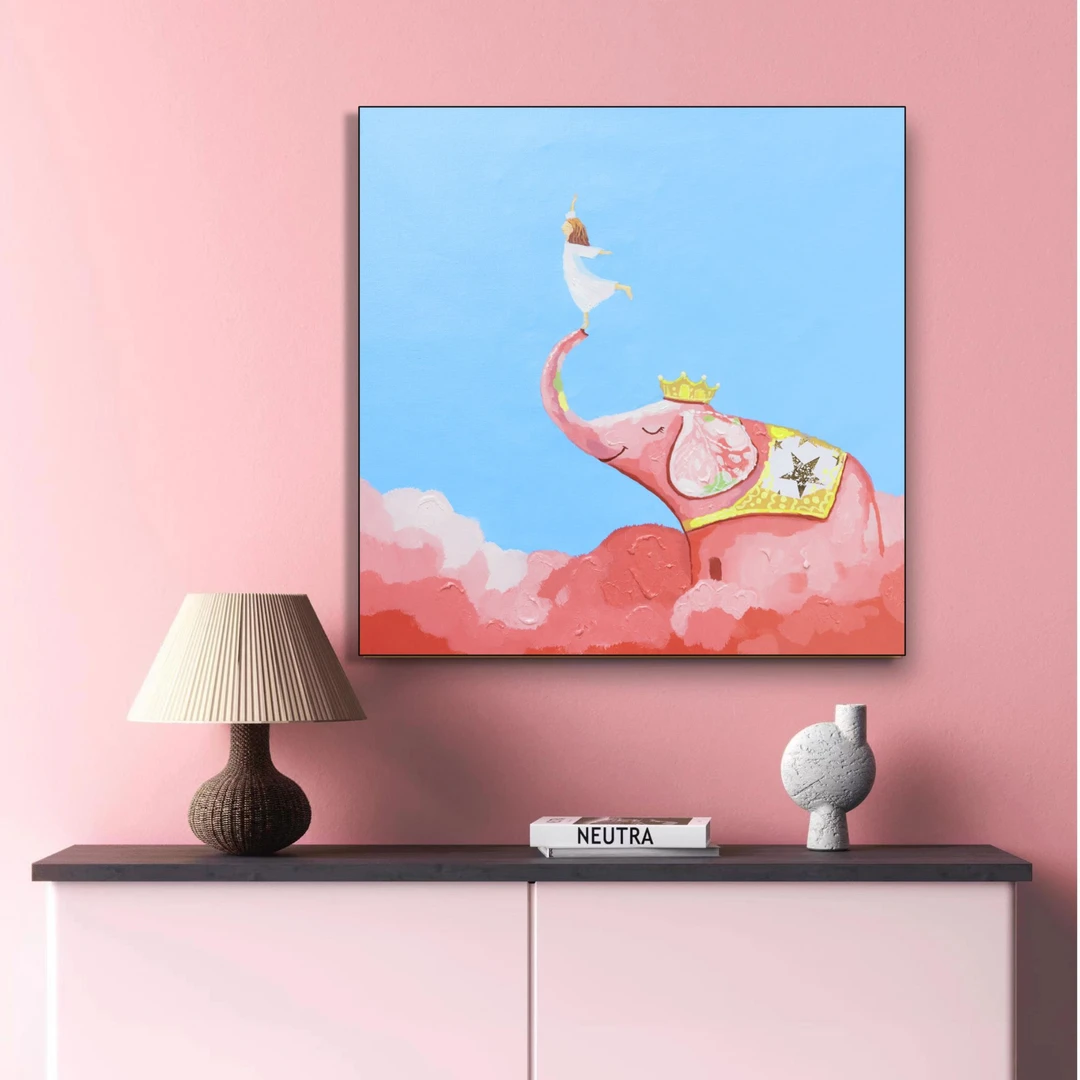 女孩和小象|手工油画装饰画奶油风现代简约风卧室装饰画SY-24224