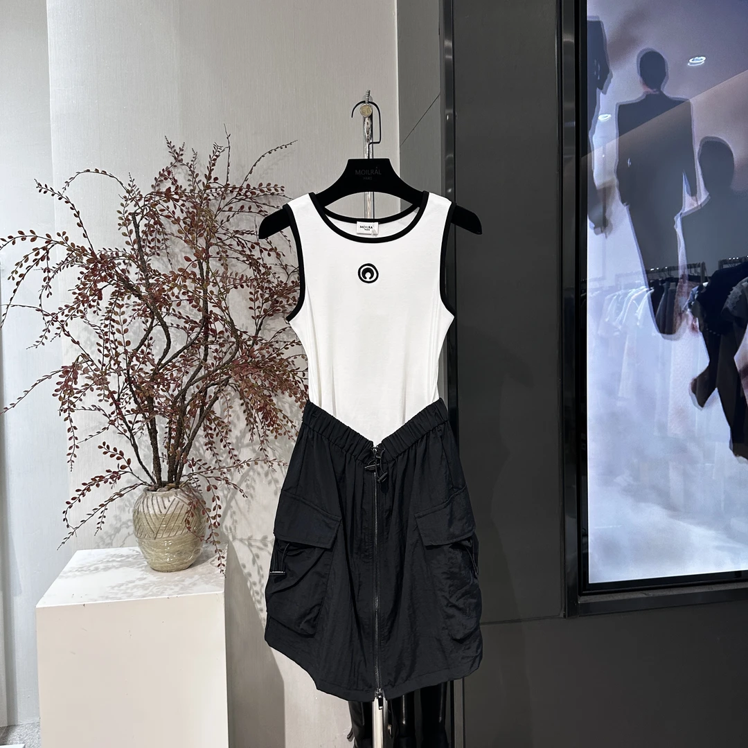 FH黑白时尚休闲连衣裙显瘦气质百搭夏季黑色简约纯色无袖423