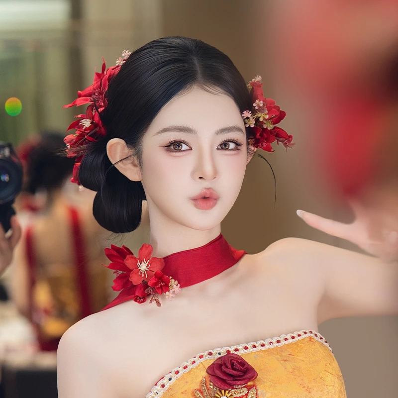 合金布艺婚庆饰品 超仙新娘跟妆新中式婚礼红色仿真花配饰MC3138