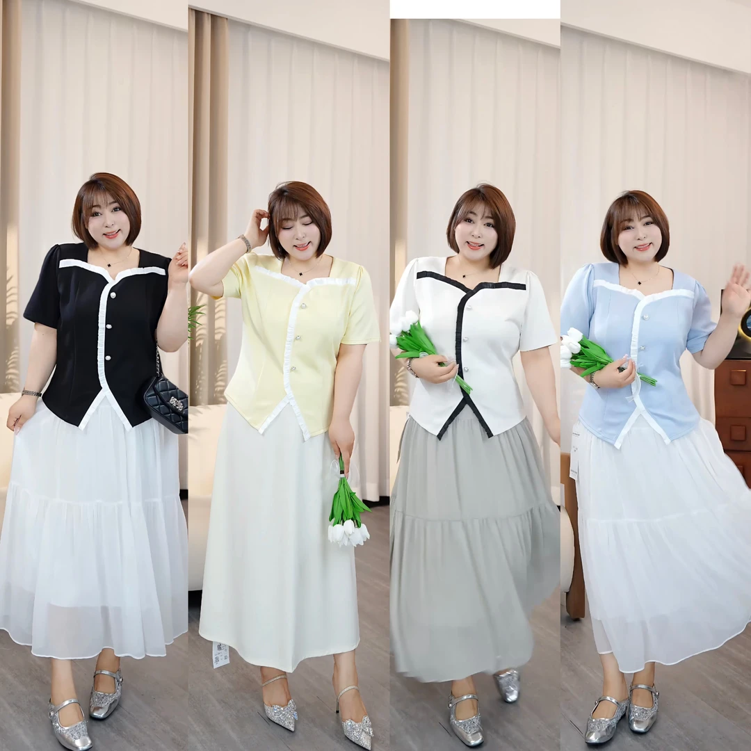 2025夏季新款胖mm大码法式小香风上衣拼接荷叶边开叉短袖T恤35205