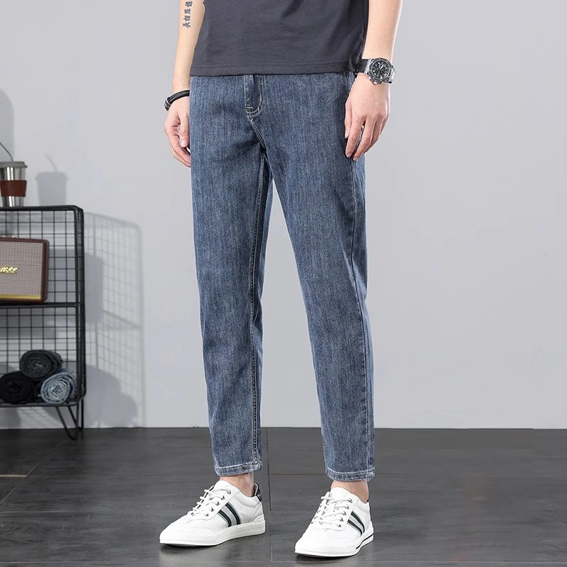 Leekody香港2025秋冬季新款蓝灰色九分牛仔裤男宽松直筒弹力9分裤