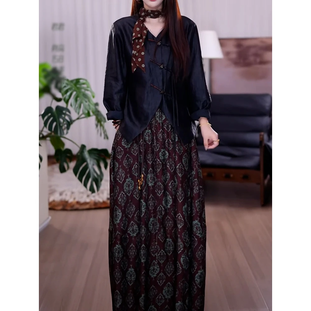 复古小众文艺风裙套装2025秋季新款盘扣长袖休闲百搭衬衫+半身裙