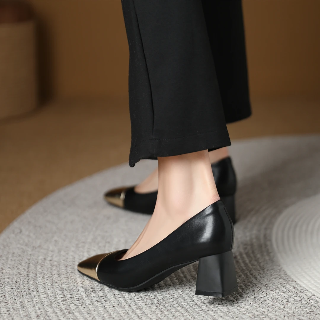 2025春夏新款小香风单鞋女方头粗跟高跟鞋浅口拼色时尚百搭女鞋子