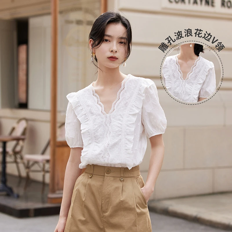 茵曼2025夏季法式欧若风V领短袖衬衫女气质提花泡泡袖纯棉衬衣