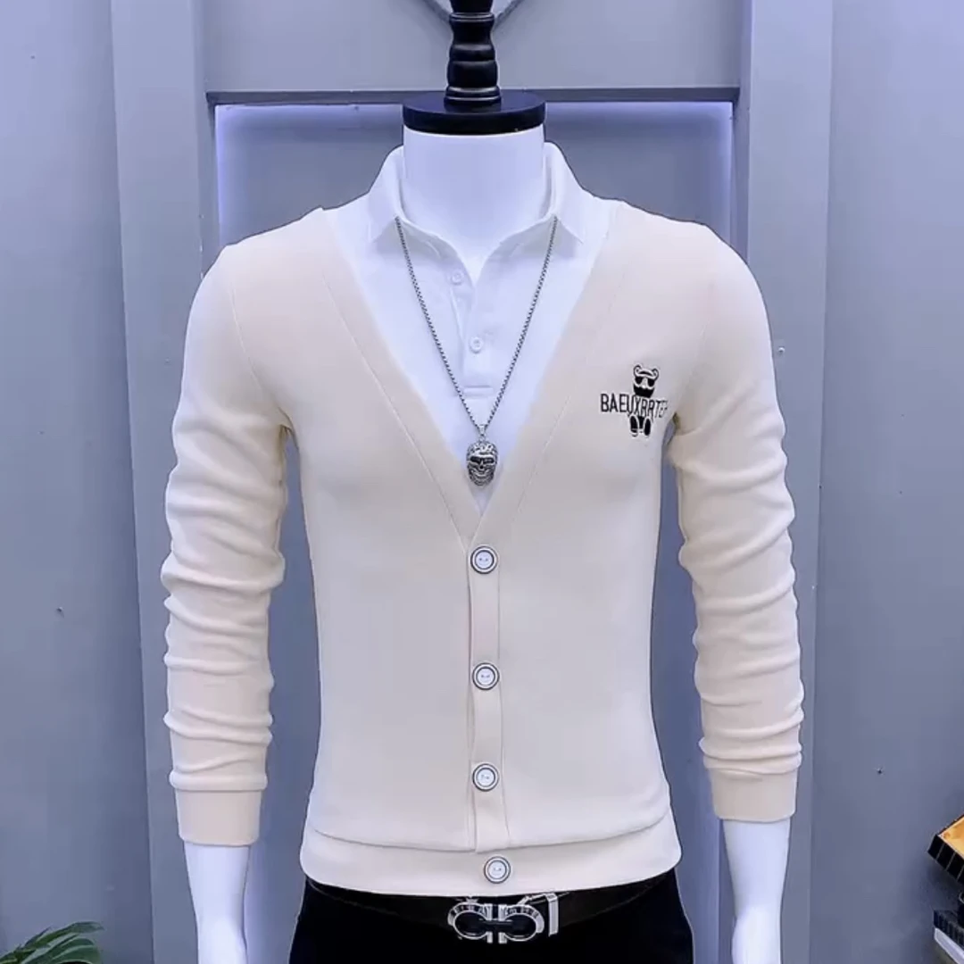 轻奢轻熟风潮流假两件针织衫男士2025新款春秋季休闲百搭修身上衣