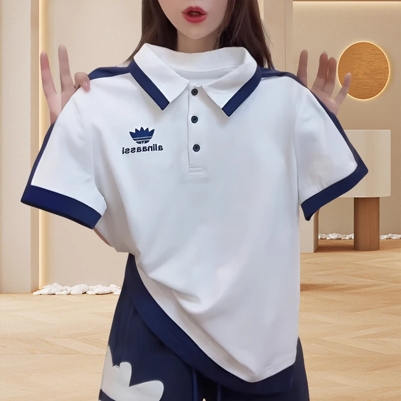 韩版ins简约风小个子T恤短袖夏季新款时尚百搭POLO衫撞色拼接上衣