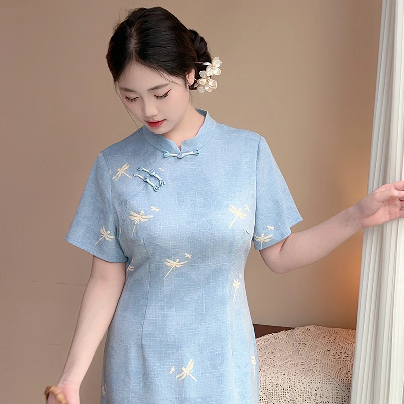 蜻蜓【自制款】小清新气质蓝色新中式改良女装版旗袍大码连衣裙夏