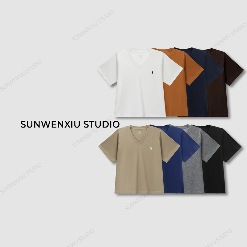 swx studio3店 “小马T“极简V领刺绣经典款小正肩休闲百搭T恤