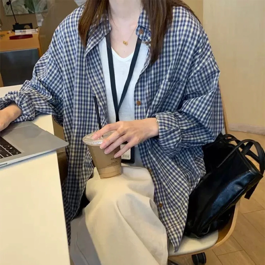 复古宽松格子衬衫女长袖早秋休闲简约外搭小衫时尚小众韩版设计感