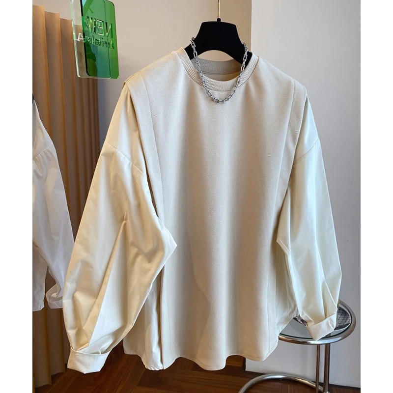 P767早春新款叠穿设计感宽松别致衬衫袖子拼接卫衣女假两件上衣