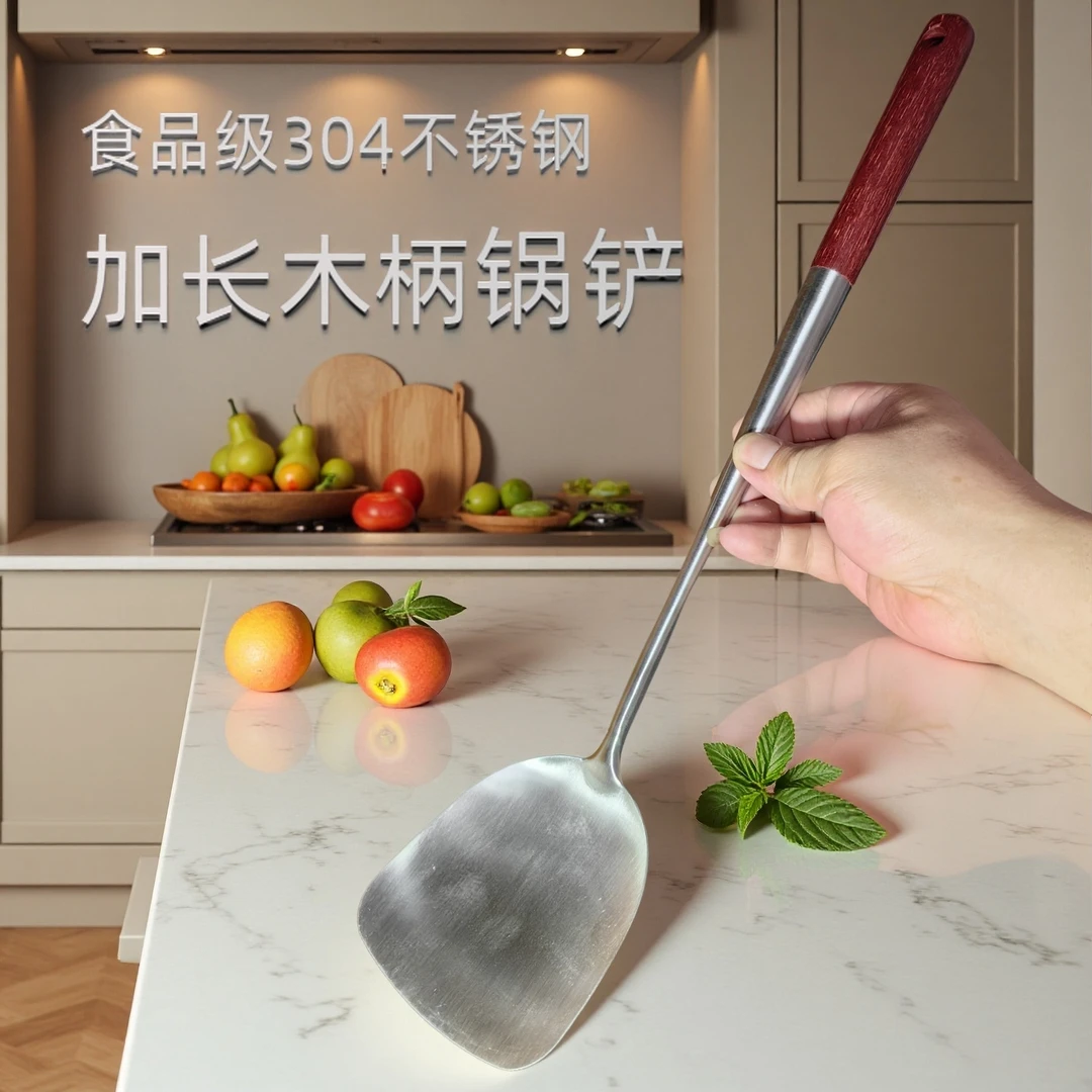 304不锈钢食品级锅铲炒铲家用厨具加长加厚木柄炒菜铲子厨师专用