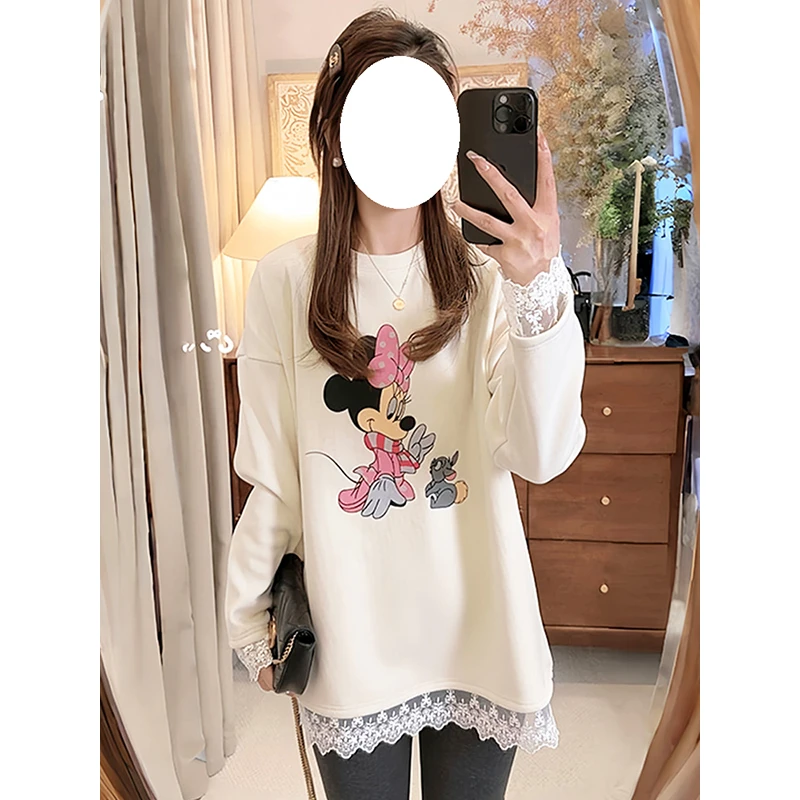 2025春季中长款加绒蕾丝拼接打底衫女秋冬长袖t恤遮屁股洋气上衣