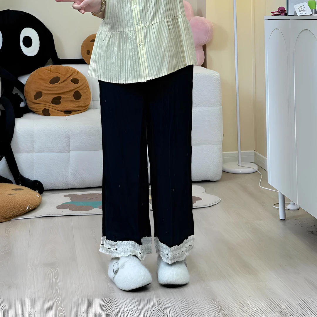 夏季新款法式蕾丝花边简约宽松休闲裤薄款显瘦遮肉大码女装微胖mm