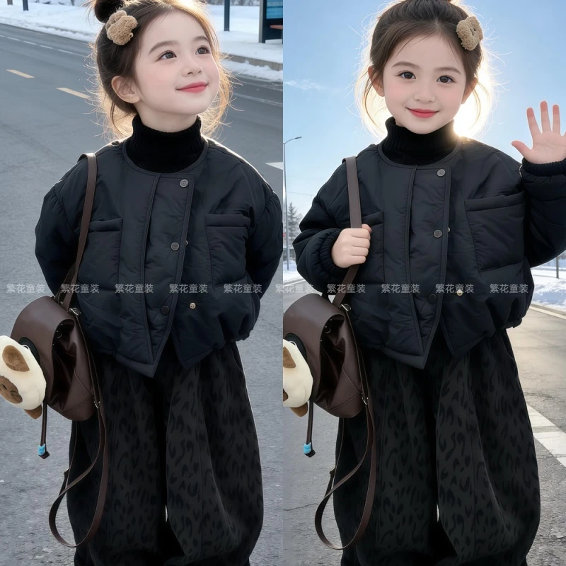 女童夹棉棉衣外套2025儿童秋冬季加绒超好看保暖棉服豹纹加绒裤子