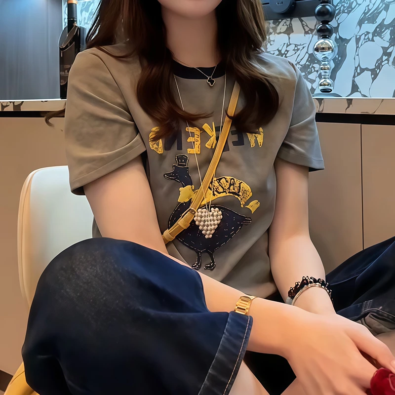 高含棉小个子潮流圆领显瘦短袖t恤女2025年夏季新款宽松套头上衣