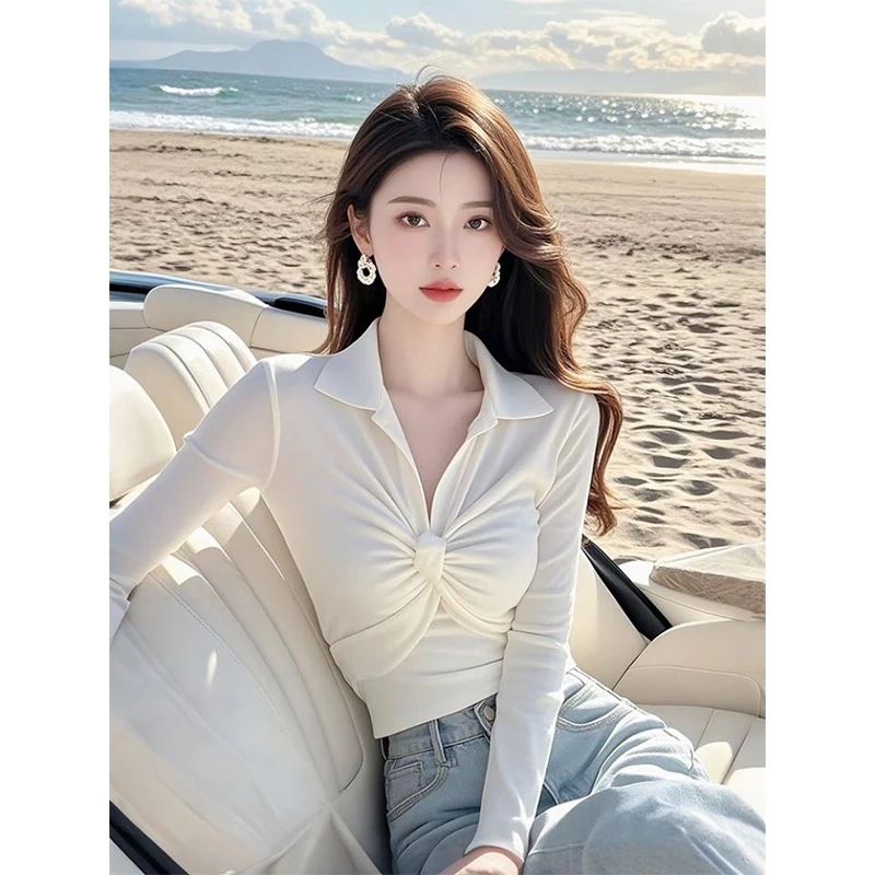 设计感褶皱翻领白色T恤女春装2025春秋修身显瘦女士衬衣长袖上衣