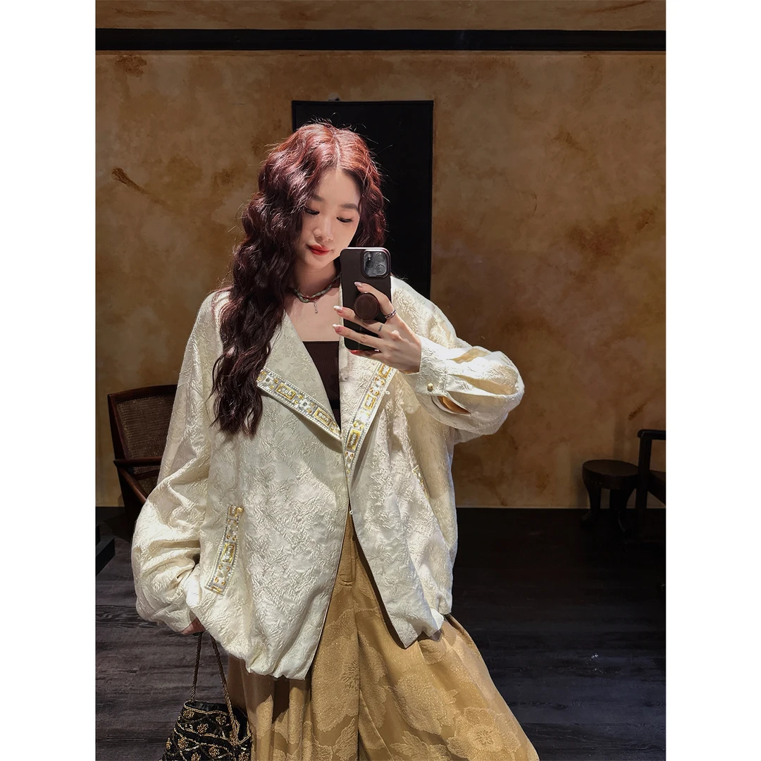 三吉黑花【念青瓷】新中式织金丝棒球服国风早秋季外套女独特漂亮