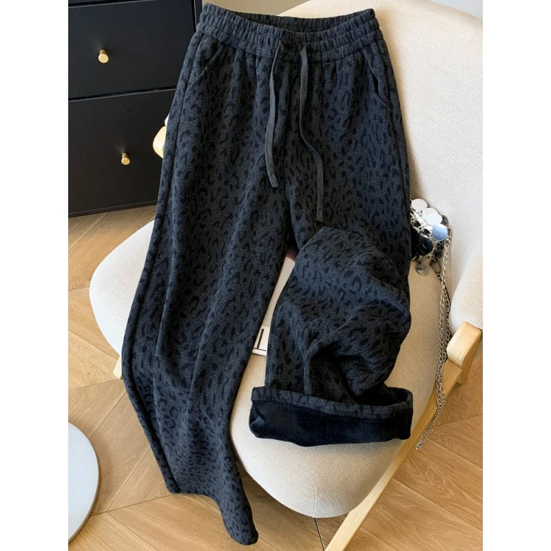 大码豹纹加绒垂感直筒阔腿裤女梨形身材宽松显瘦慵懒风百搭休闲裤